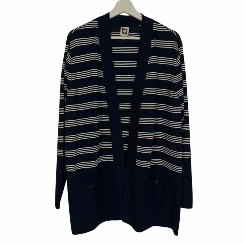 Anne Klein 1X Blue White Open Front Long Sleeve Sweater